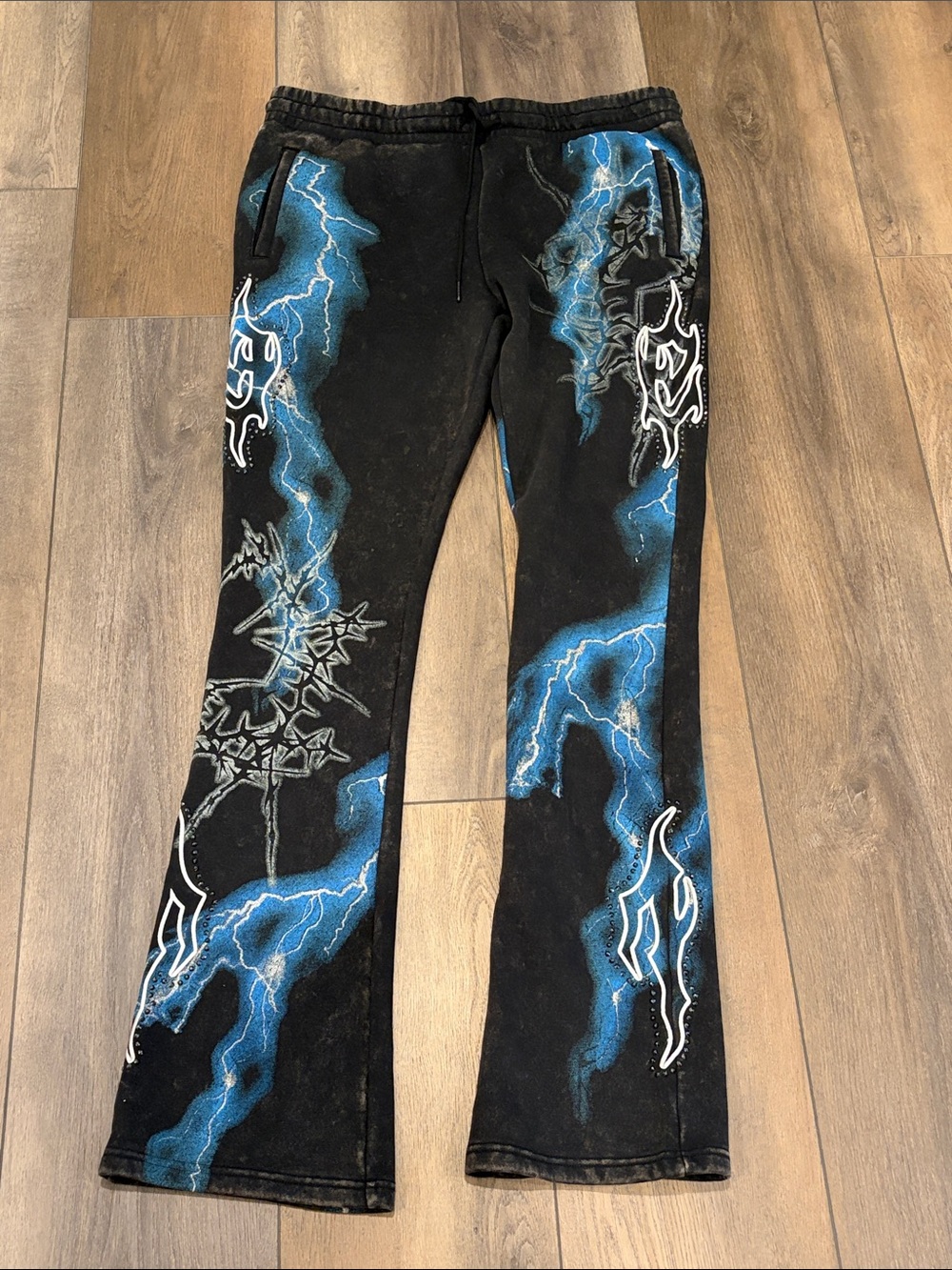 Men's Black Sweatpants with Blue Lightning Graphic Design